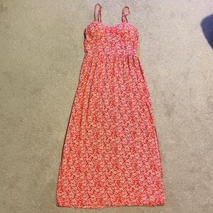 Lily Rose Red Floral Maxi Dress with Adjustable Straps and Built-in Bra (S/M)
